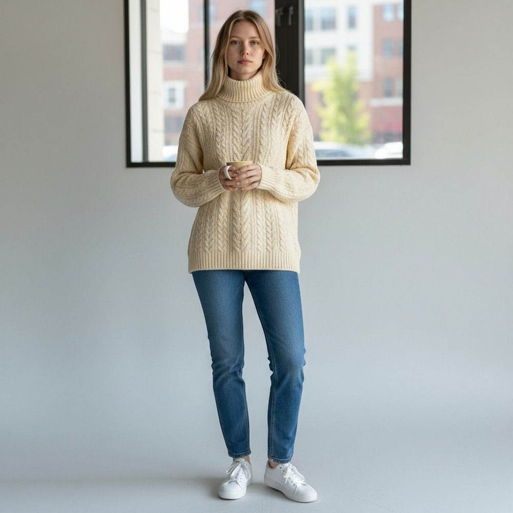 Jeanne Pierre Turtleneck Sweater M Cream Excellent Cable Knit Cotton Long Sleeve